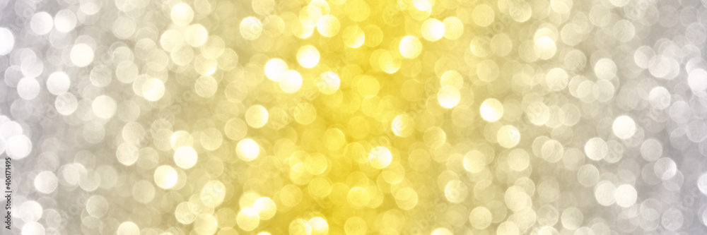 Bokeh circle with gold sparkles background. Yellow and grey glitter backdrop. Golden texture. New year luxury snow. Copyspace. Shimmer confetti wallpaper. Dreamy shiny design detail