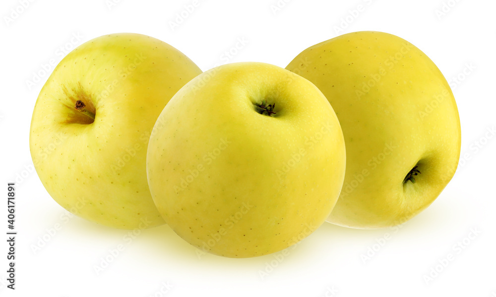 three yellow apples, isolated on a white background with a clipping path. three yellow apples, isolated on a white background with a clipping path.
