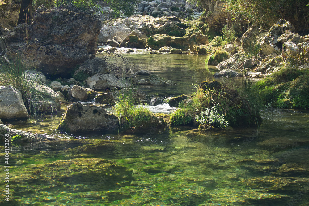 view of the source of the river Borosa located in the Natural Park of the Sierras de Cazorla, Segura and las Villas, Andalucia, Spain.