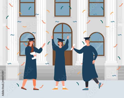 Male and female characters celebrating graduation ceremony. Hapy graduated students are standing with hands up in front of the university. Flat cartoon vector illustration