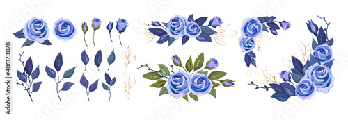 Vector floral greenery collection. Set with blue roses, leaves and bouquet co...