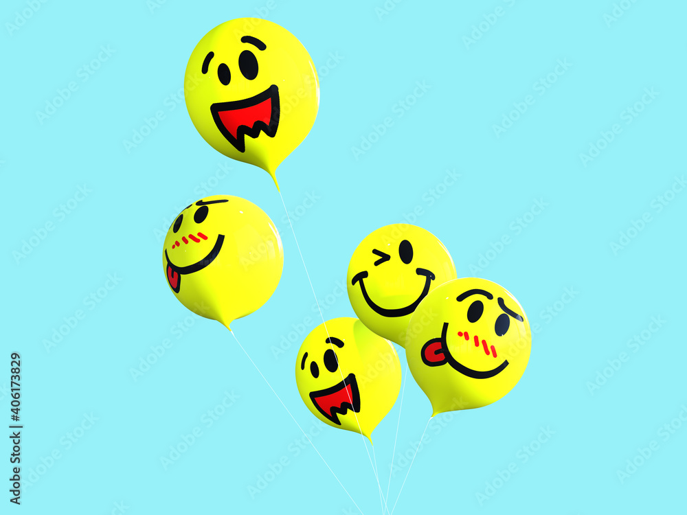 3D RENDER ILLUSTRATION. funny face cartoon character happy yellow balloon smile icon emotion. CLIPPING PATH OBJECT on isoleted colorful background. Cute art balloons floating in air sky concept design