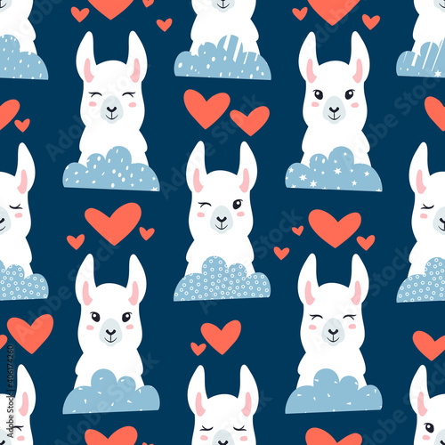 Seamless pattern of llama, clouds and hears. Great for fabric, textile. Vector background.