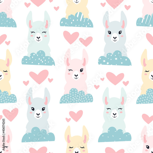 Seamless pattern of llama, clouds and hears. Great for fabric, textile. Vector background.