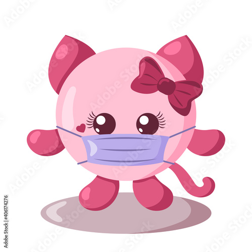 Funny cute kawaii cat girl with round body and protective medical face mask in flat design with shadows. Isolated vector illustration	