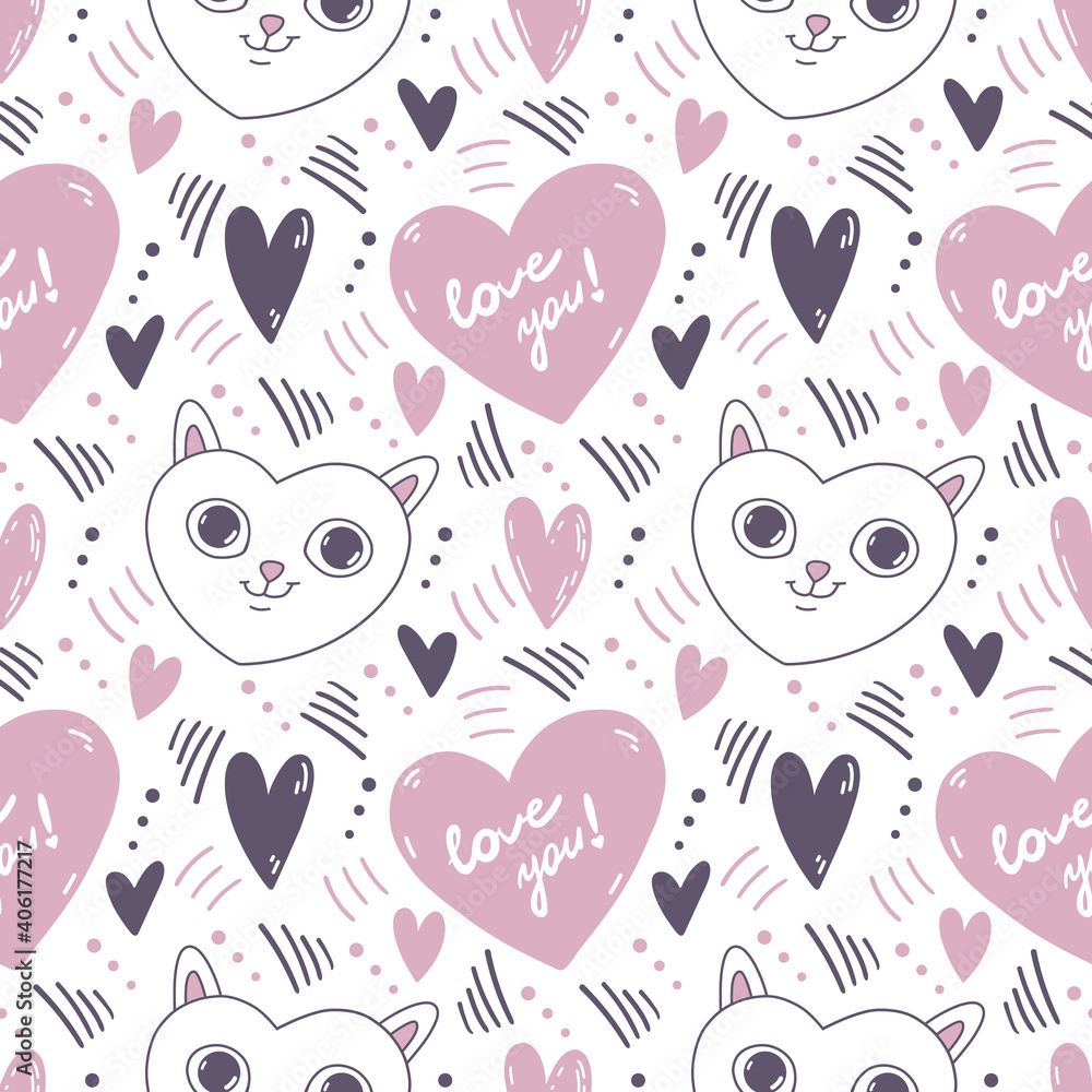 Seamless vector pattern with hearts and cats. Black and pink background on the theme of love. Cute and romantic doodle style ornament for wrapping paper, fabrics, design, printing and more.