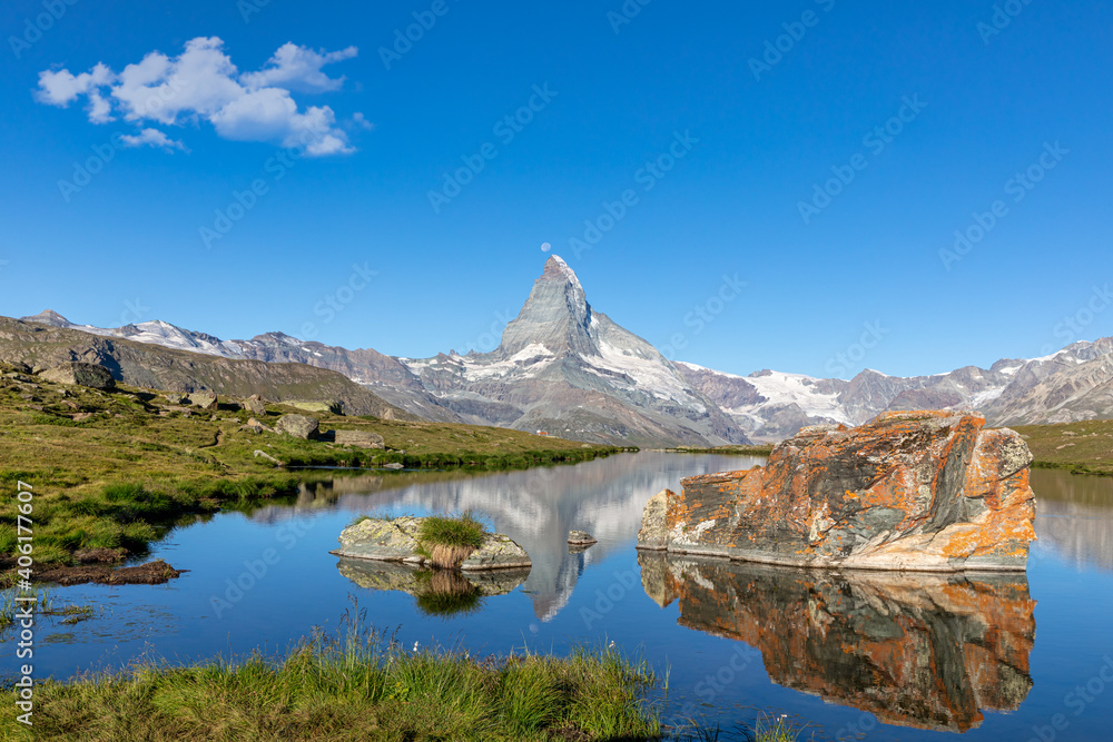 Matterhorn reflected in the Stellisee, Zermatt, Valais, Switzerland