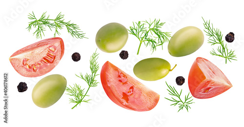 Fototapeta Naklejka Na Ścianę i Meble -  Isolated vegetables banner. Tomatoes, green olives, dill and black pepper with clipping path on white background with shadows. Flat lay. Full death of field.