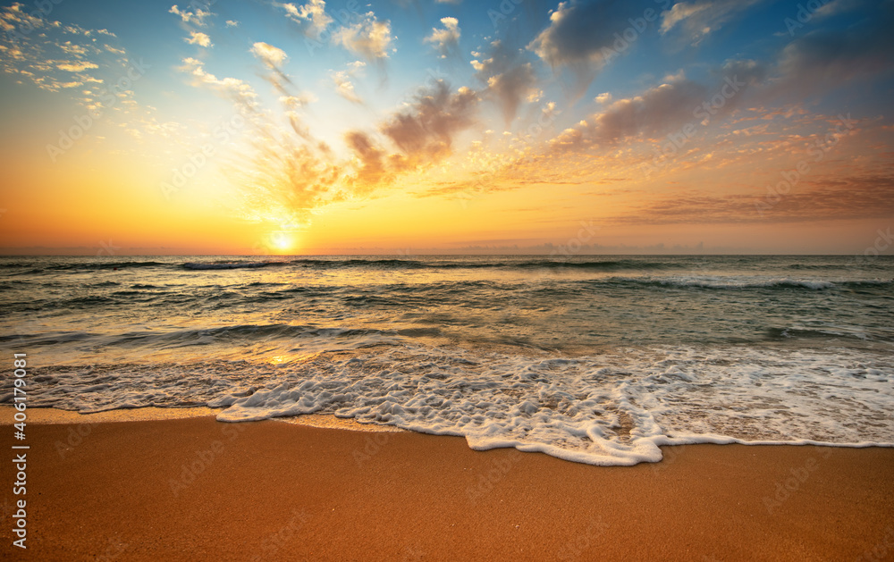 Landscape with sea sunset on beach.