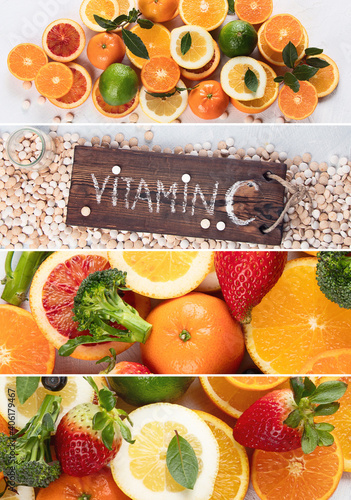 Colorful collage of citrus fruits and vitamin pills