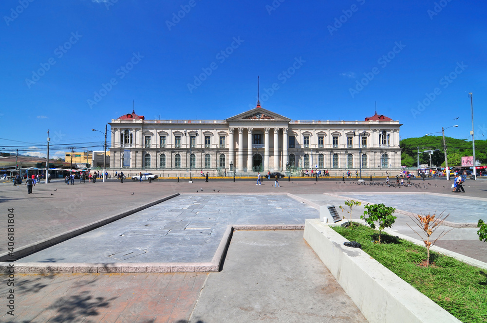 A front view of the Palacio National building in San Salvador, El Salvador