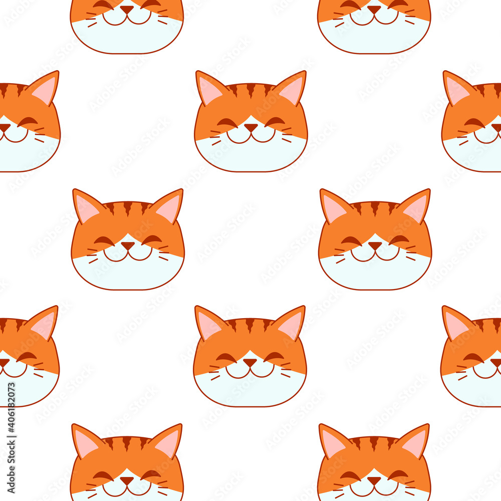 Smiling orange cat face in seamless pattern on white background.