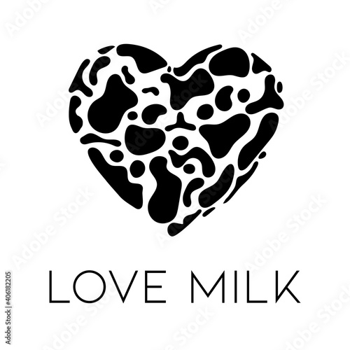 Cow skin in shape of heart. Love milk or milk day. Dairy products print. vector illustration.