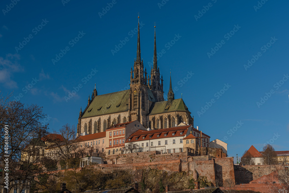 Fototapeta premium Cathedral in Brno city in south Moravia region in blue sky sunny winter day