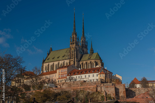 Cathedral in Brno city in south Moravia region in blue sky sunny winter day