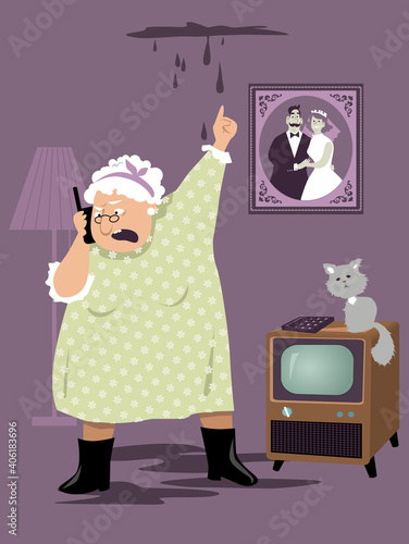 Elderly woman calling emergency service or a super about a water leak from her ceiling,  EPS 8 vector illustration