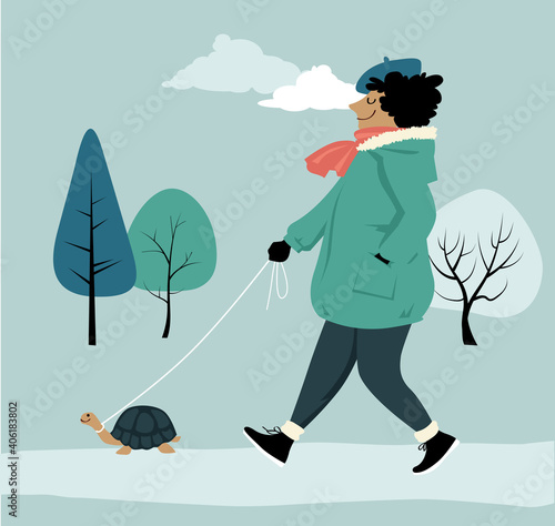Woman walking a pet turtle in a park as a metaphor for a slow living lifestyle, EPS 8 vector illustration