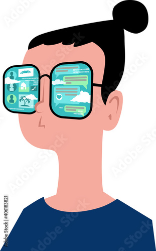 Young person in glasses covered with social networking computer screens, EPS 8 vector illustration