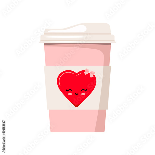 Valentines day coffee or tea paper cup decorated with heart with girl face illustration isolated on white background. Romantic template character element. Vector flat style drink to go design mug.