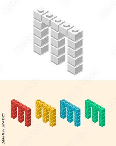 M vector letter with colourful plastic toy brick  isolated isometric 3d childish block font. Perfect for kids labels  birthday and kindergarten posters  school style  children magazines etc.