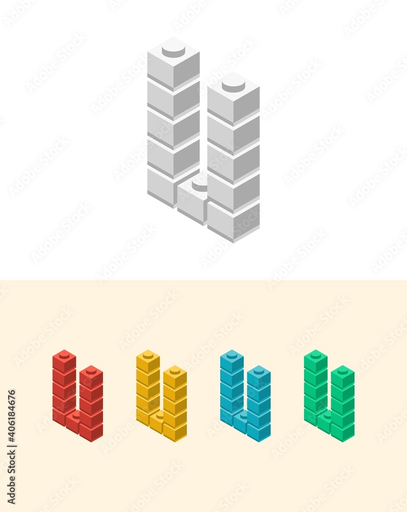 U vector letter with colourful plastic toy brick, isolated isometric 3d childish block font. Perfect for kids labels, birthday and kindergarten posters, school style, children magazines etc.