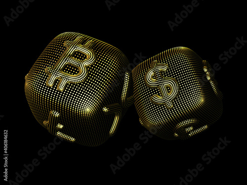 Digital 3D golden dices with cryptocurrency and fiat currency symbols Bitcoin and Dollar. Concept of fortune in crypto investing and stock exchange trading. Black background. Vector illustration