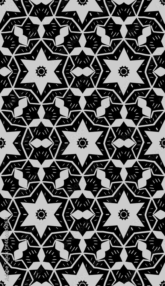 Seamless black background with gray ornament, geometric shapes, six-pointed star and lines.