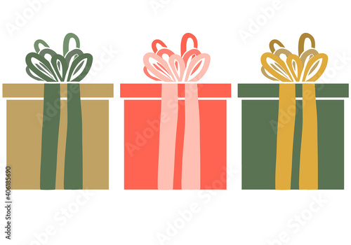 Set of three colorful gift boxes decorated with ribbon and stripes. Flat style concept of decorations for card, cover, sticker, app, web, wrapping papper. Creative design of presents in trendy colors