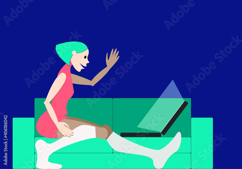 Vector illustration - a pretty girl in white socks sitting on a blue sofa and communicating on the Internet through a laptop and a copy space. The concept of remote communication and work