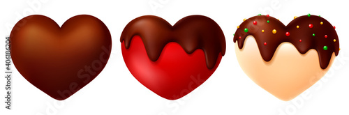 Set of candy in heart shape with chocolate glaze. Dark and white chocolate, strawberry filler. Sweet dessert for valentines day or other holidays. Isolated vector illustration EPS10