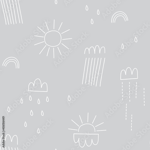 Doodle linear rain cloud sun rainbow weather vector seamless pattern. Grey and white simple abstract sky graphic minimalistic backdrop. Scandinavian celestial childish design