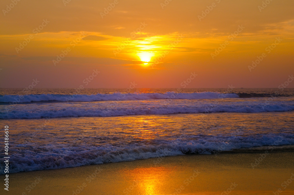 Beautiful sunset above sea or ocean. Concept of romantic time on vacation in tropical.