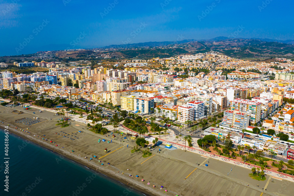 Top view of the beaches and hotels of Torre del Mar on Mediterranean coast. Spain