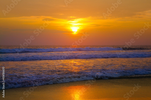 Beautiful sunset above sea or ocean. Concept of romantic time on vacation in tropical.