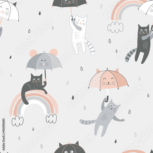 Funny black white grey cat with cute kawaii umbrella fly in the sky sit down on rainbow vector seamless pattern. Rainy weather graphics for Scandinavian childish nursery design.