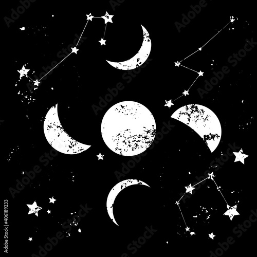 Moon phases and constellation stars. Set of vintage hand drawn shiny cosmic objects on dark background. Universe objects retro textured print.