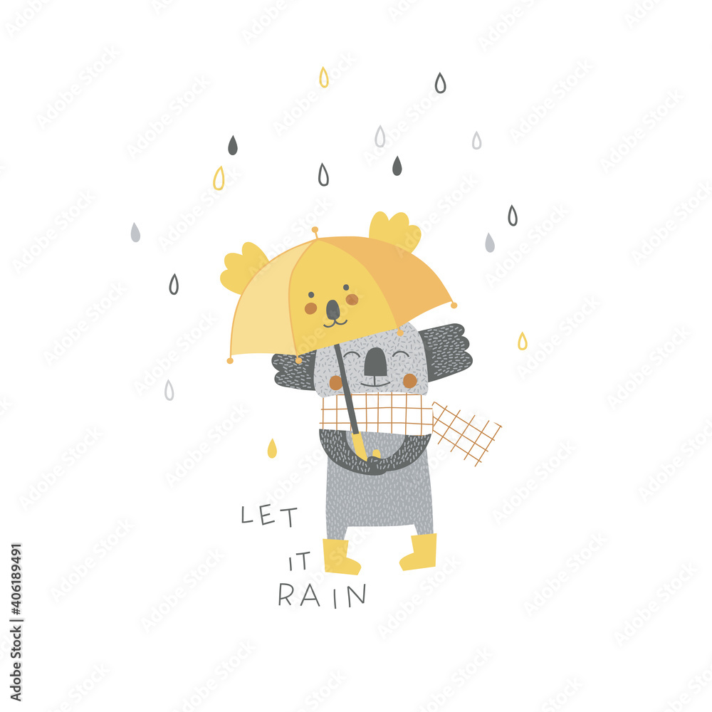 Cute Koala bear animal with kawaii umbrella vector illustration isolated on white. Let it rain lettering. Rainy weather graphics for Scandinavian childish nursery design. Cute Koala bear animal with kawaii umbrella vector illustration isolated on white. Let it rain lettering. Rainy weather graphics for Scandinavian childish nursery design.