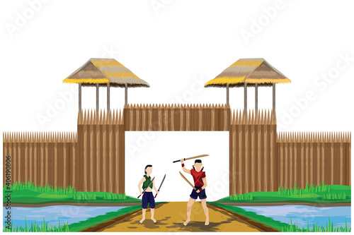 Ancient male and female warriors Standing in front of the barracks