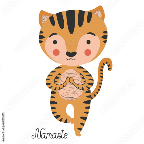 Stylish cartoon smiling illustration of tiger cub in yoga asana on white background. Feline in a tree pose and calligraphic inscription Namaste. Graphic design, poster, sticker, t-shirt print. Vector.