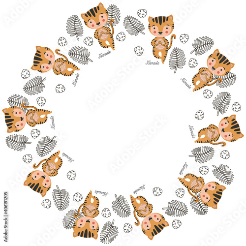 Stylish cartoon round frame of tiger cubs in yoga asanas Vrikshasana, calligraphic inscription Namaste and black contour tropical monstera and palm leaves on a white background. Place for text. Vector