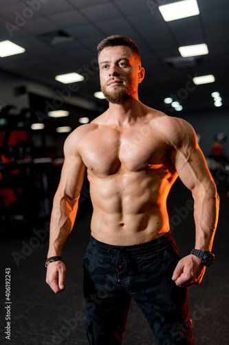 Handsome man with big muscles, posing at the camera on gym background. Portrait of a smiling bodybuilder. Closeup.