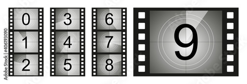 Set of countdown frame. Film countdown. Movie timer count. Retro cinema strip. Vintage timer count.