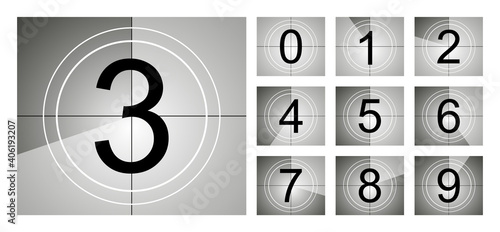Set of countdown frame. Film countdown. Movie timer count. Retro cinema strip. Vintage timer count.