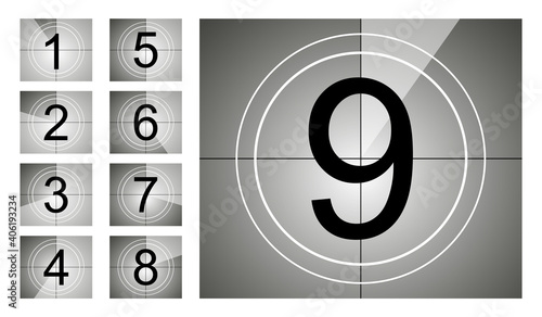 Set of countdown frame. Film countdown. Movie timer count. Retro cinema strip. Vintage timer count.