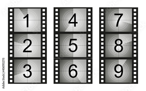 Set of countdown frame. Film countdown. Movie timer count. Retro cinema strip. Vintage timer count.