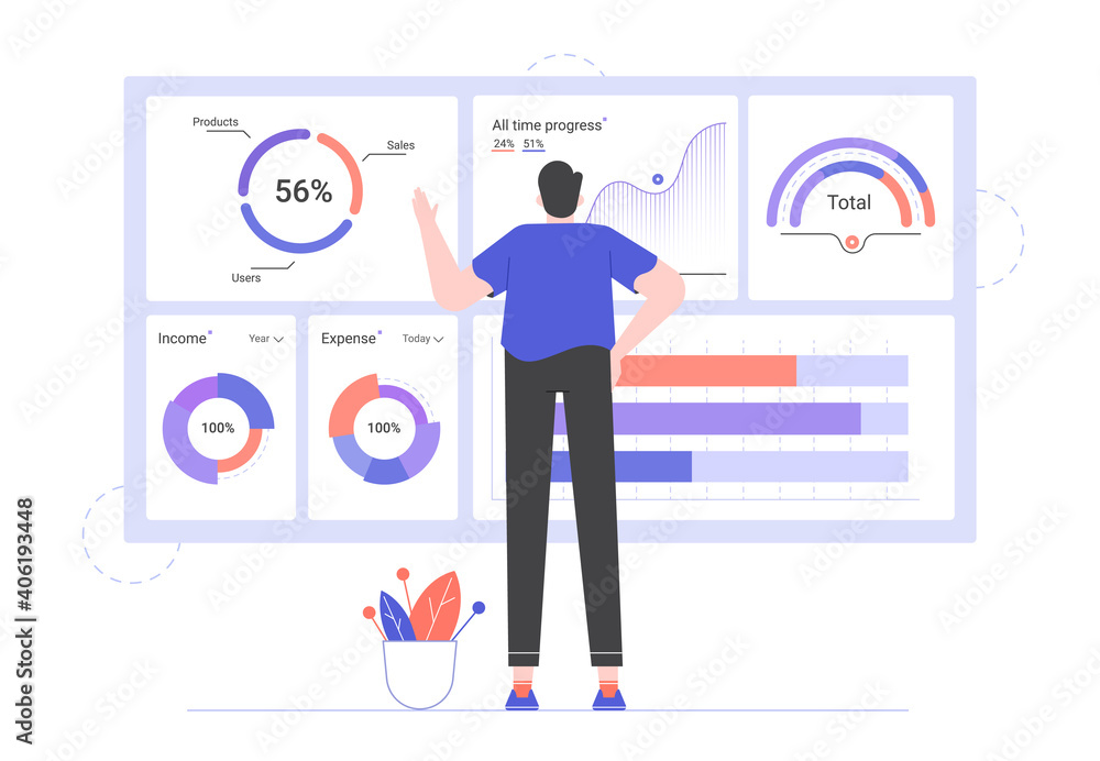 Full-length man stands with his back in front of a large dashboard with financial data. Analytics, economic reporting, investment and trading. Information about the company. Vector flat illustration.