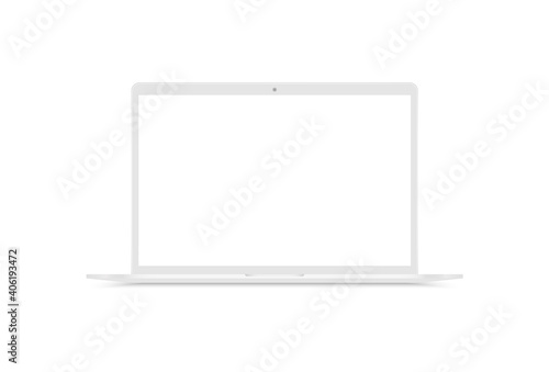 Realistic laptop. Laptop modern white mockup. Blank screen display notebook. Opened computer screen.