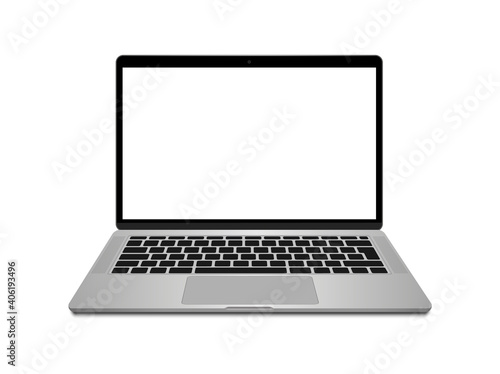 Realistic laptop front view. Laptop modern mockup. Blank screen display notebook. Opened computer screen with keyboard. Smart device.
