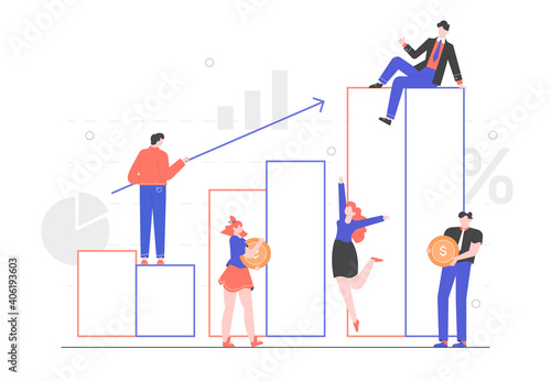 Team of colleagues and graph. Financial data, analytics, economic analysis. Forecasts and progress report. Investments and income growth. Vector flat illustration.