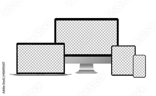 Realistic monitor computer, laptop, tablet and smartphone. Modern device set. Mock up desktop computer, notebook, tablet, mobile phone with background screen. Electronic gadgets.